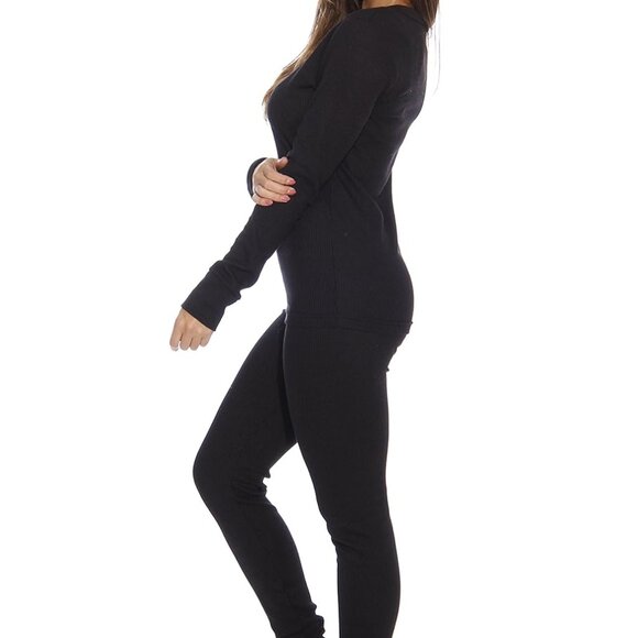 Stylish Women's Medium Thermal Pajama Set in Black - Beat the Cold Elegantly - Picture 2 of 4